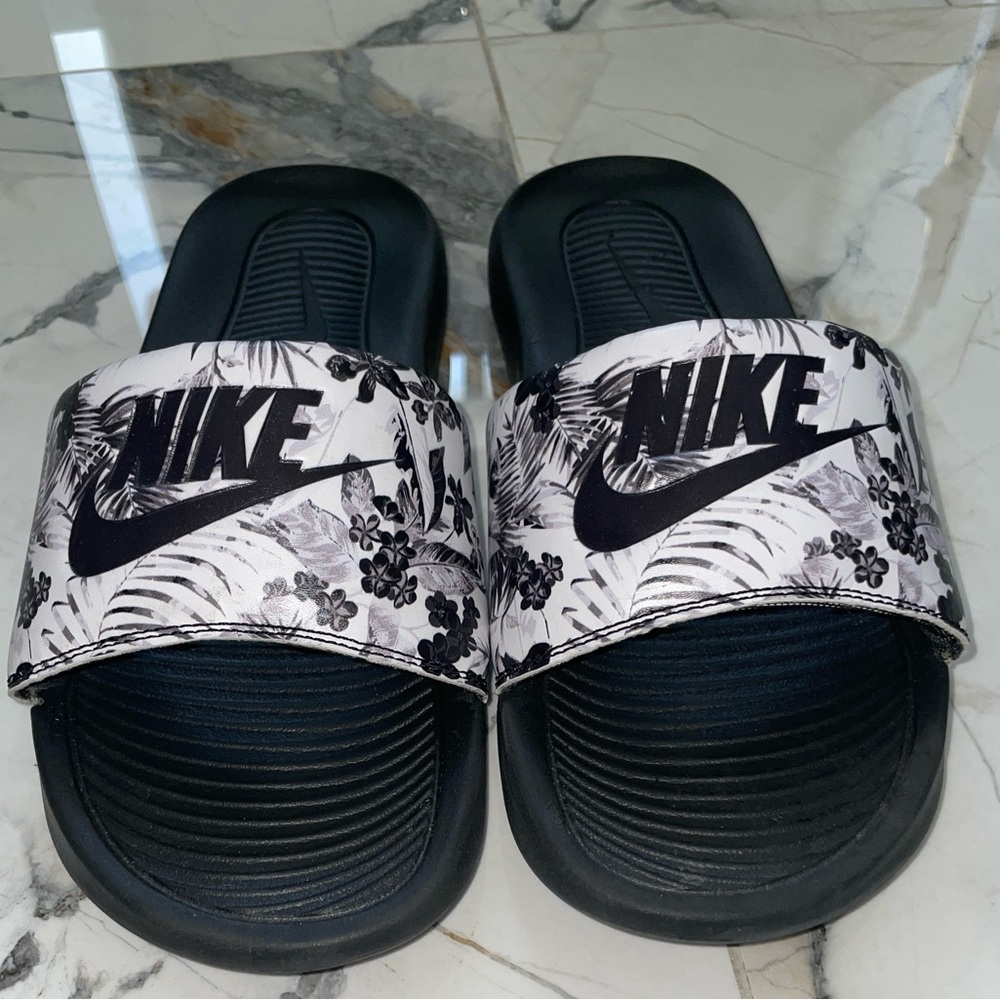 Nike Black and White Floral Slides